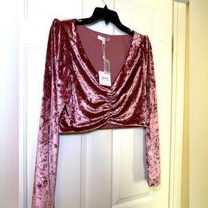 WAYF Womens Velvet Crop Top Large Mauve Going Out Puff-Sleeve Ruched V Neck NWT